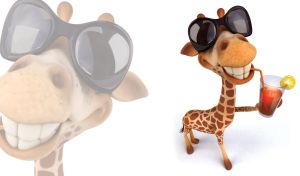 A smiling cartoon giraffe in sunglasses with a cocktail on a white background