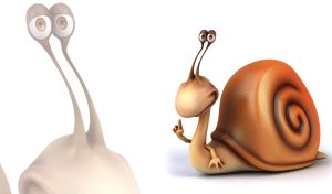 A smiling cartoon snail with periscope eyes on a white background