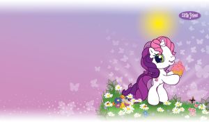 Cartoon unicorn with purple-pink mane and a pink cupcake on pastel purple