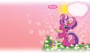 Cartoon pony with purple-pink mane holds a comb and brush on pastel pink