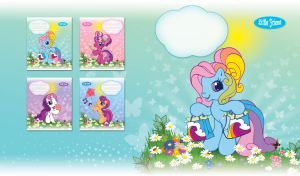 Cartoon pony with rainbow mane after shopping on pastel teal