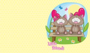 Cartoon kittens on a bench with heart shaped pink flower on pastel yellow