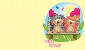 Cartoon hedgehogs on a bench with heart shaped pink flower on pastel yellow
