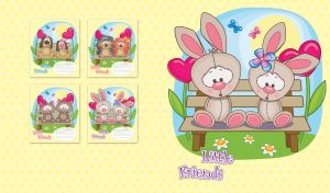 Cartoon bunnies on a bench with heart shaped pink flower on pastel yellow