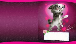 Cartoon grey male cat hugs a confused white lady cat on purple