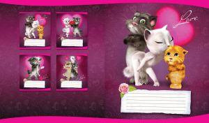 Cartoon grey cat angry with a white lady cat kissing a red kitten on purple