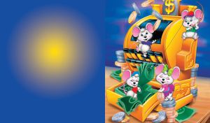 Four white cartoon mice having fun robbing a golden cash register