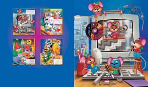 Four brown cartoon mice having fun breaking the computer