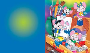 Four white cartoon mice having fun attacking the artist's corner