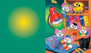 Five white cartoon mice having fun attacking a bureau desk