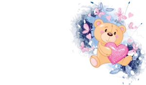 Teddy bear with a pink heart in his hand on pastel blue and white backdrop