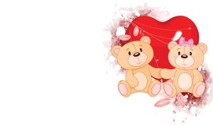 Teddy bears holding hands against a red heart on a white backdrop