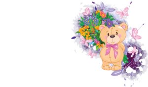 Shy teddy bear with a huge colorful bouquet on purple-grey and white backdrop
