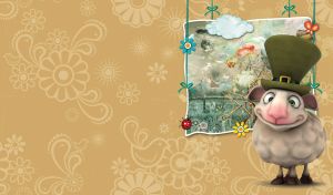 Cartoon sheep in a St. Patrick's top hat with a surreal landscape photo behind