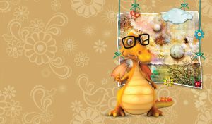 Cartoon orange dragon in glasses with a surreal landscape photo behind