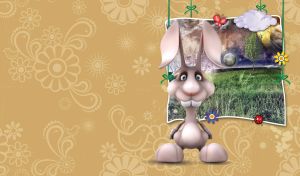 Cartoon pastel grey bunny with big teeth with a surreal landscape photo behind