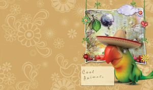 Cartoon green parrot in sombrero with a surreal landscape photo behind