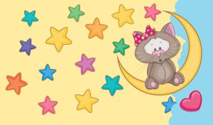 Cartoon kitten on a crescent on yellow and blue backdrop with colorful stars
