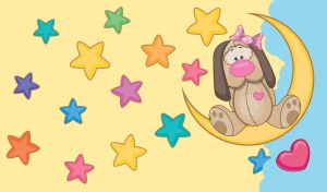 Cartoon puppy on a crescent on a yellow and blue backdrop with colorful stars