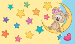 Cartoon mouse on a crescent on a yellow and blue backdrop with colorful stars