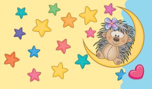 Cartoon hedgehog on a crescent on a yellow and blue backdrop with colorful stars