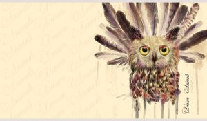 Portrait of a yellow-eyed owl with abstract feather-flames on pastel yellow