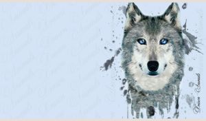 Portrait of a blue-eyed wolf with abstract grey fur on pastel blue