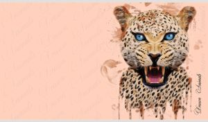 Portrait of a blue-eyed jaguar with abstract flame fur on pastel orange-beige