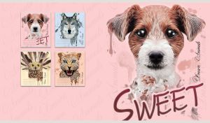 Portrait of a black-eyed dog with abstract brown and white fur on pastel pink