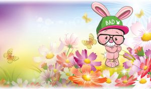 Drawn pink bunny in a hooligan cap stands in a flower glade in pastel colors