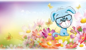 Drawn blue doggie in black glasses stands in a flower glade in pastel colors