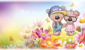 Drawn teddy bear couple holding hands in a flower glade in pastel colors