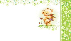 Teddy bear with a strawberry basket on lime and white floral patterned backdrop