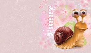 3D illustration of a periscope eyed beige snail on pastel pink floral pattern