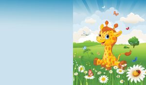Cartoon little giraffe on a green lawn on a light blue sunny day