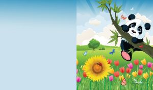 Cartoon little panda hanging on a bamboo branch on a light blue sunny day