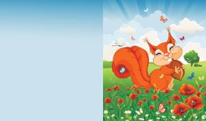 Cartoon red squirrel holds an acorn on a green lawn on a light blue sunny day