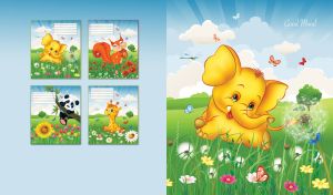 Cartoon little elephant on a green lawn of dandelions on a light blue sunny day