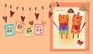 A postcard with happy cat friends holding hearts against a tan backdrop