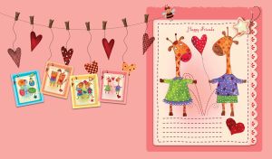A postcard with happy giraffe friends with a heart-shaped balloon on pink