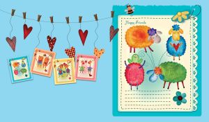 A postcard with four happy sheep friends against a light blue backdrop