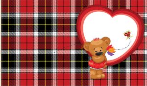 Teddy bear with tulips against a big heart on red and black plaid backdrop