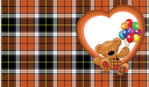 Teddy bear with balloons against a big heart on brown and black plaid backdrop
