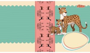 Animated baby leopard and his mom on a pastel teal and beige backdrop