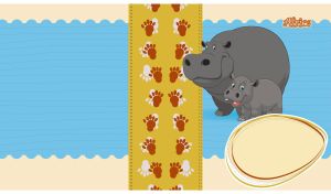 Animated baby hippo and his mom on a pastel blue and beige backdrop