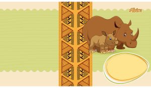 Animated brown baby rhino and his mom on a pastel green and beige backdrop
