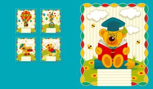 Smart cartoon bear reading a red book against a turquoise background