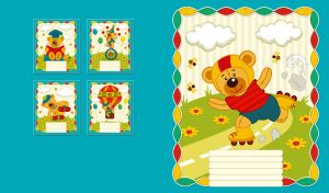 Sporty cartoon bear roller-skating against a turquoise background