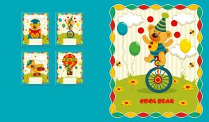 Funny cartoon bear performs in the circus against a turquoise background