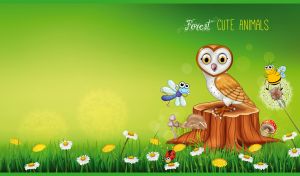 Cartoon owl on a stump with a bee and a dragonfly in a green wildflower field